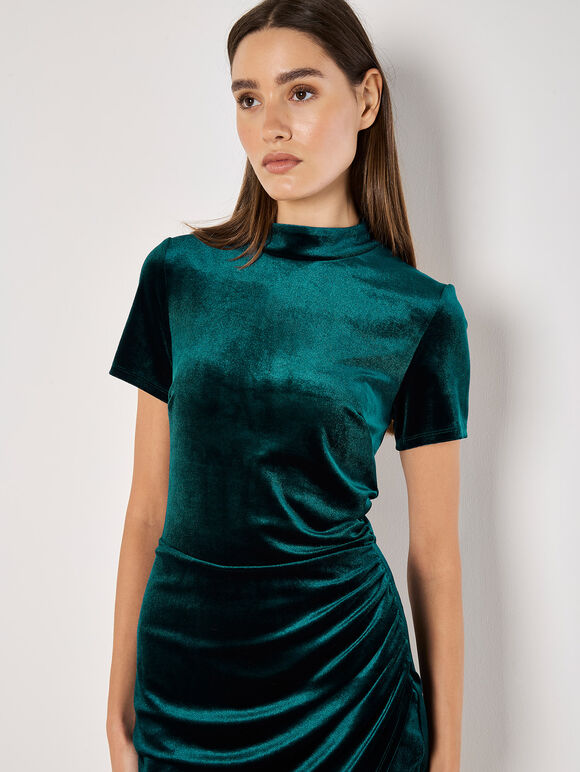 Velvet Ruched Mini Dress, Green, large
