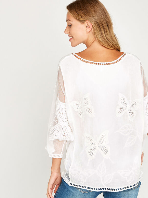 Cream Butterfly Embroidered Mesh Top, Cream, large