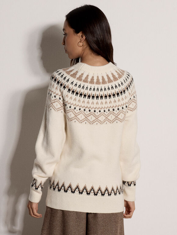 Cotton Blend Brushed Fair Isle Jumper, Cream, large