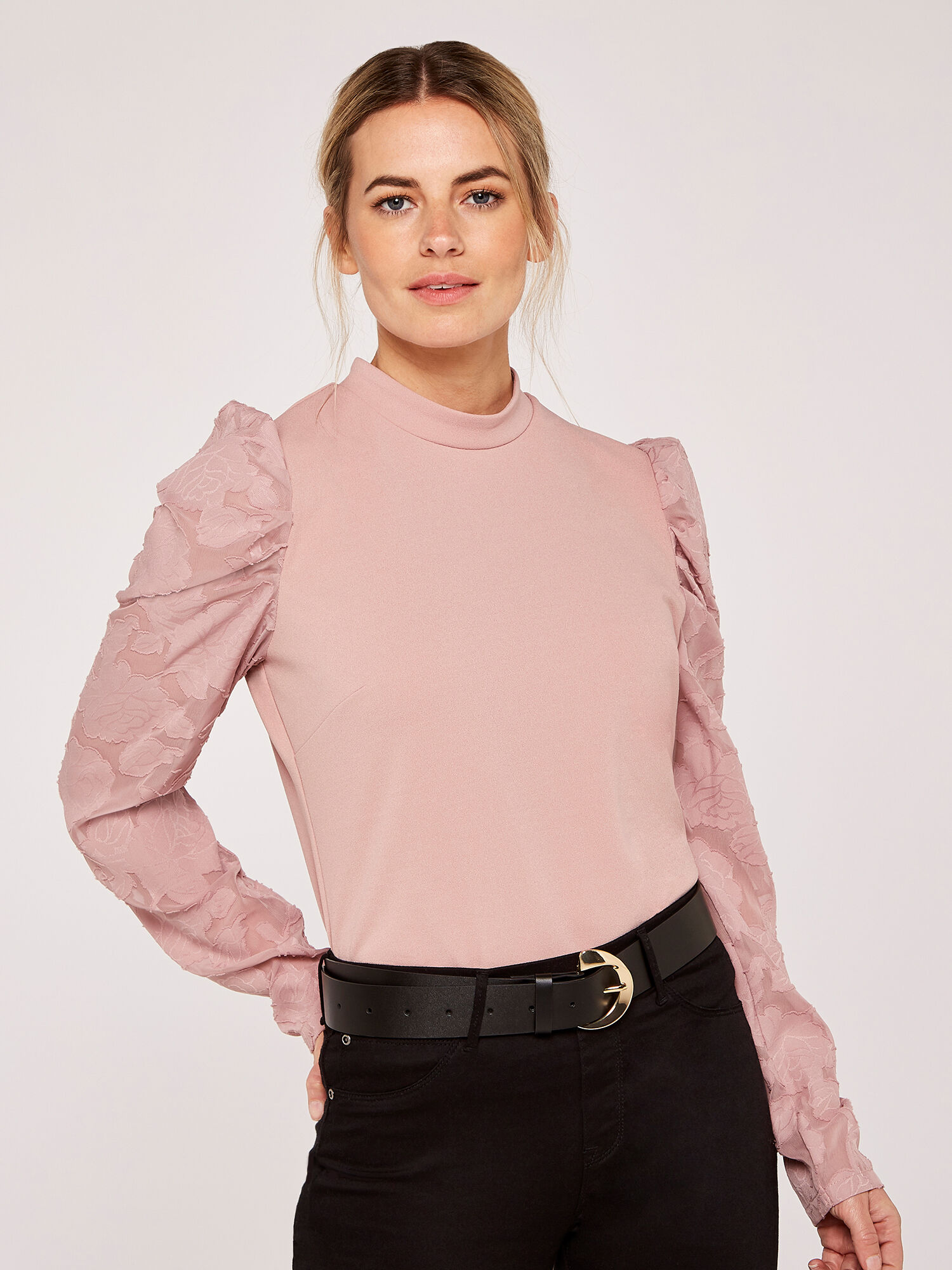 Sheer Puff Sleeve Mock Neck Top Apricot Clothing