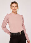Sheer Puff Sleeve Mock Neck Top, Pink, large