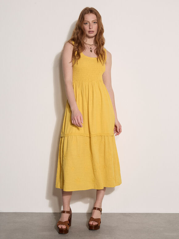 Embroidered Floral Tiered Maxi Dress, Mustard, large