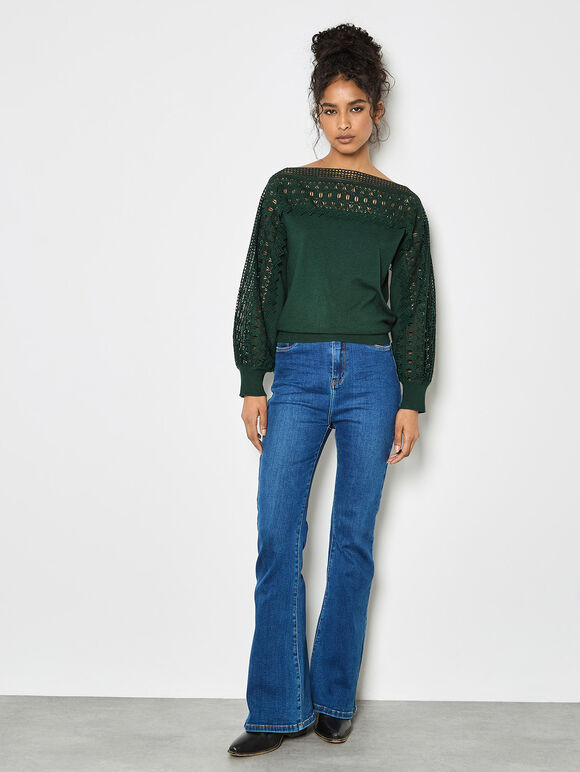Lace Neck And Sleeve Jumper, Green, large
