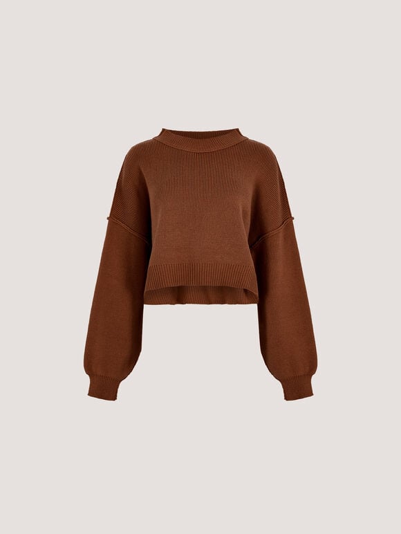Ribbed Knit Cropped Jumper, Rust, large