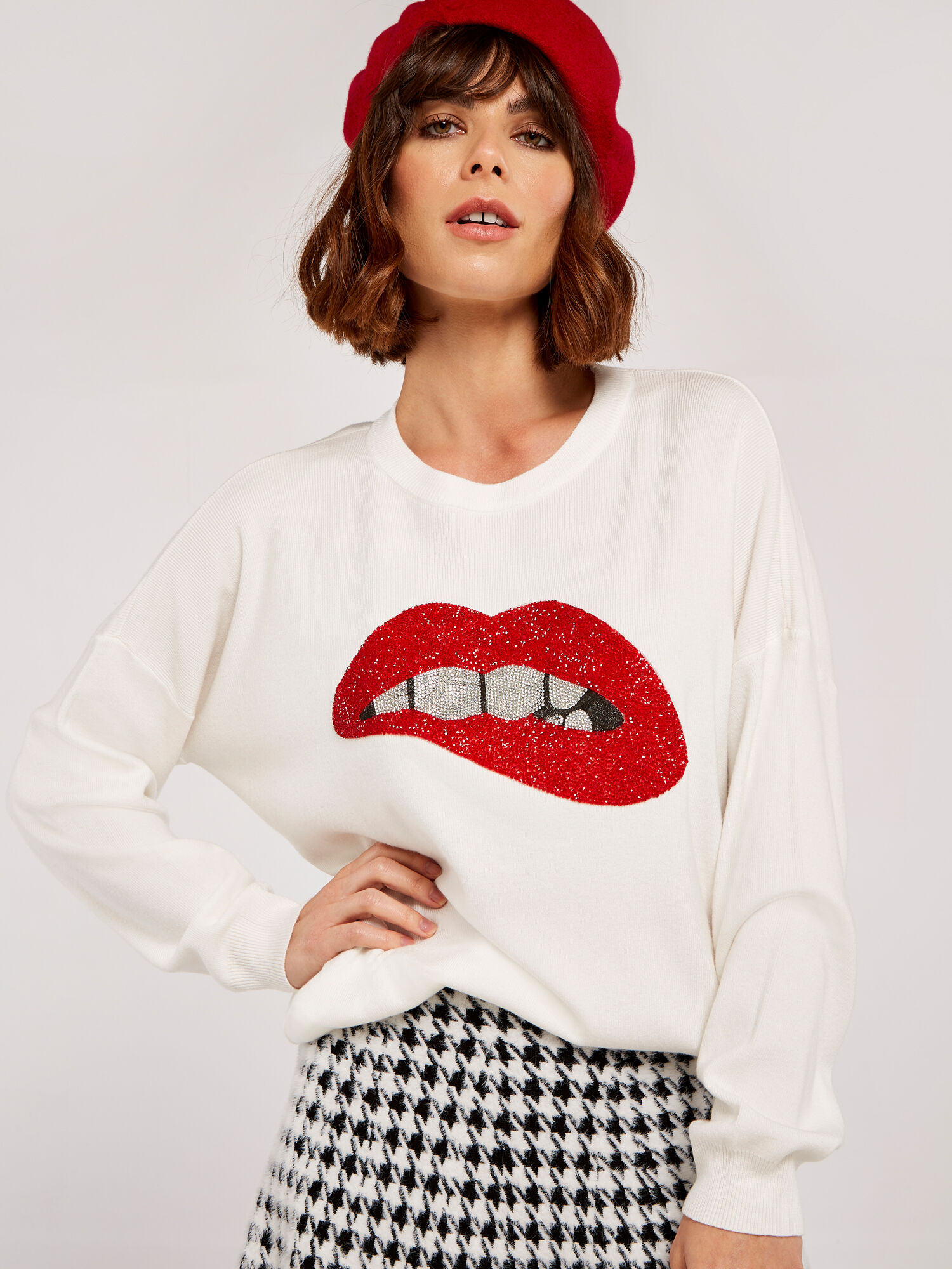 Sequin Lips Batwing Jumper Apricot Clothing