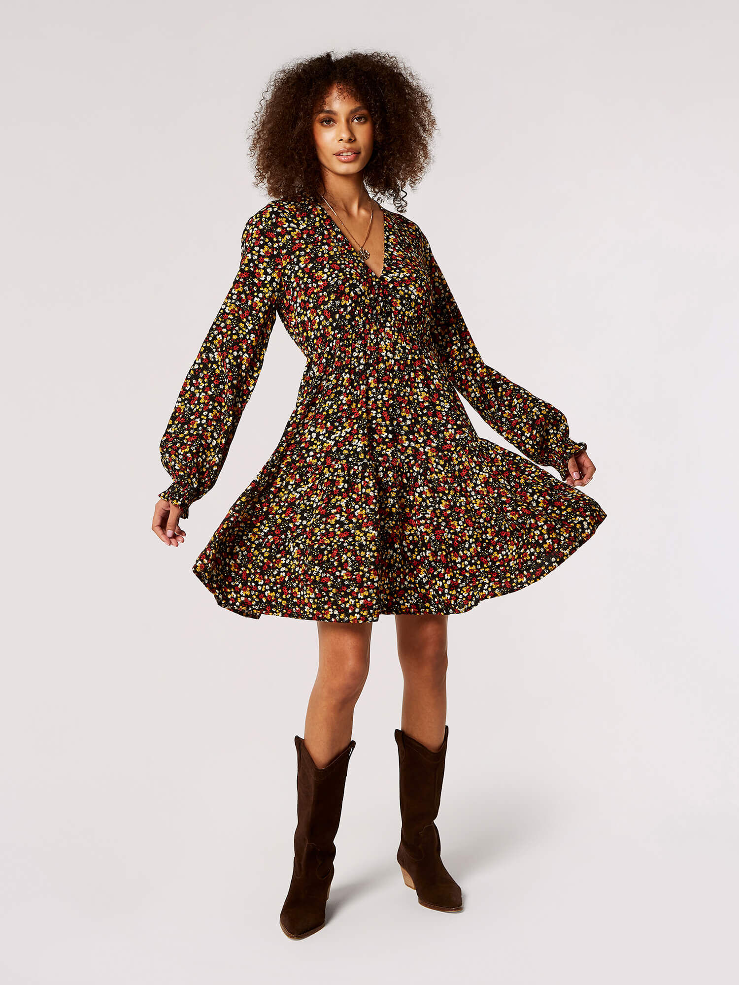 Ditsy Floral Tiered Mini Dress Apricot Clothing