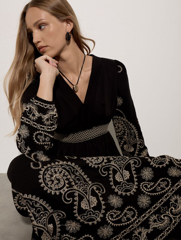 Paisley Embroidered Maxi Dress, Black, large