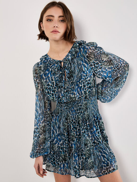 Feather Print Chiffon Mini Dress, Green, large