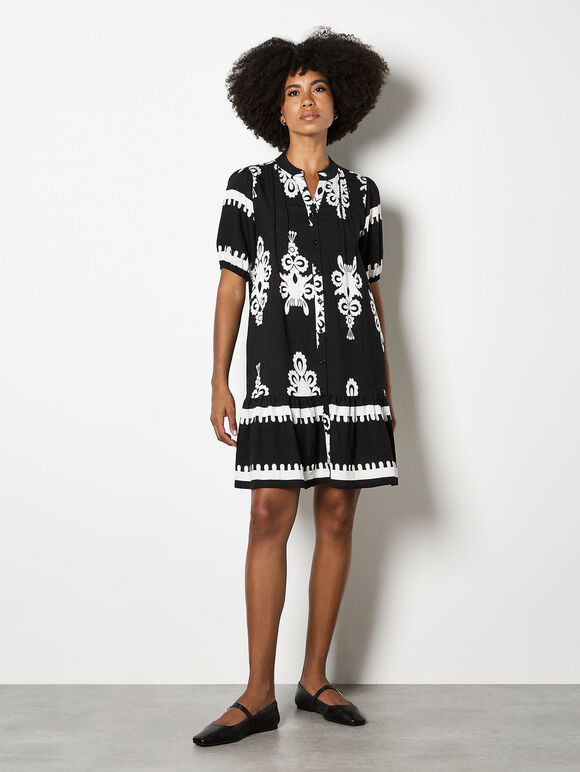 Baroque Print Shirt Mini Dress, Black, large