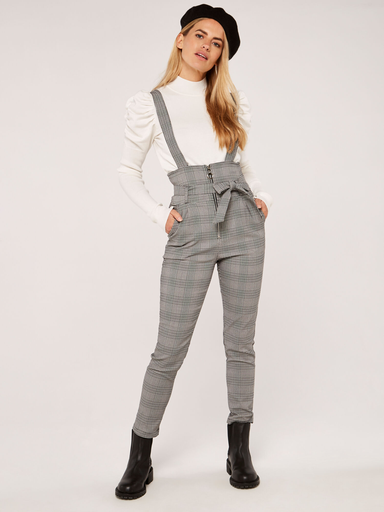 Check Jacquard Overall Jumpsuit Apricot Clothing