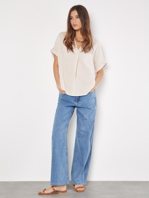 Textured Cotton Pleat Front Top, Stone, large