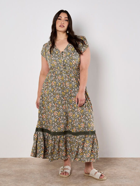 Ditsy Floral Maxi Dress, Khaki, large