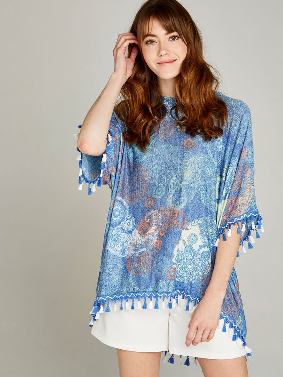 Blue Paisley Psychedelic Tassel Top, Blue, large