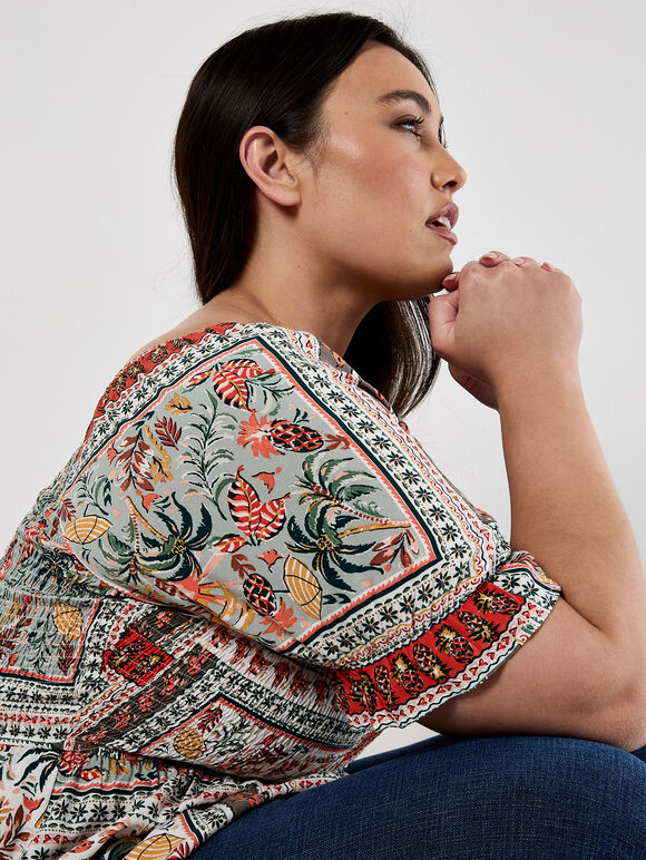 Tropical Scarf Prnt Milkmaid Top, Orange, large