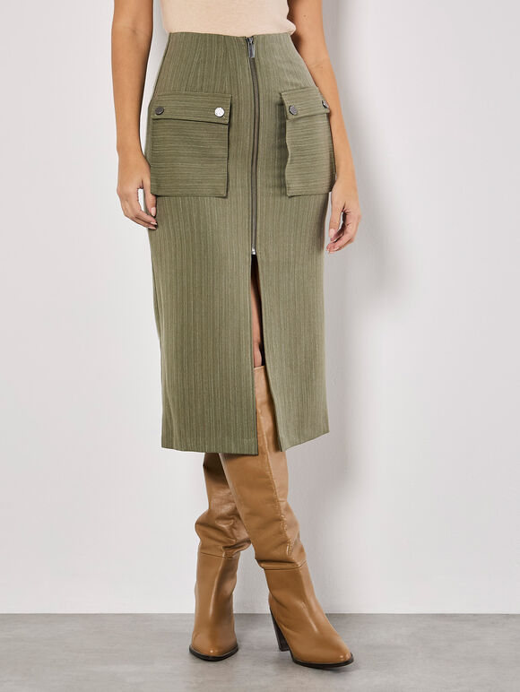 Pinstripe Cargo Midi Skirt, Khaki, large
