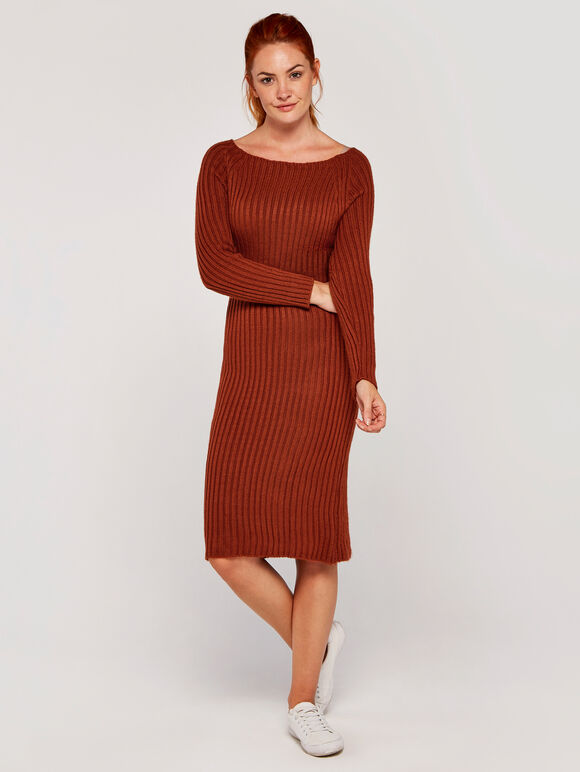 Ribbed Knit Open Back Dress, Rust, large