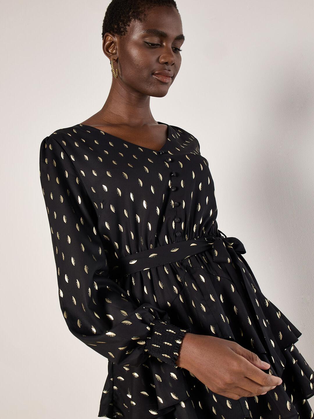foil spot tiered midi dress Gold Foil Spot Tiered Mini Dress