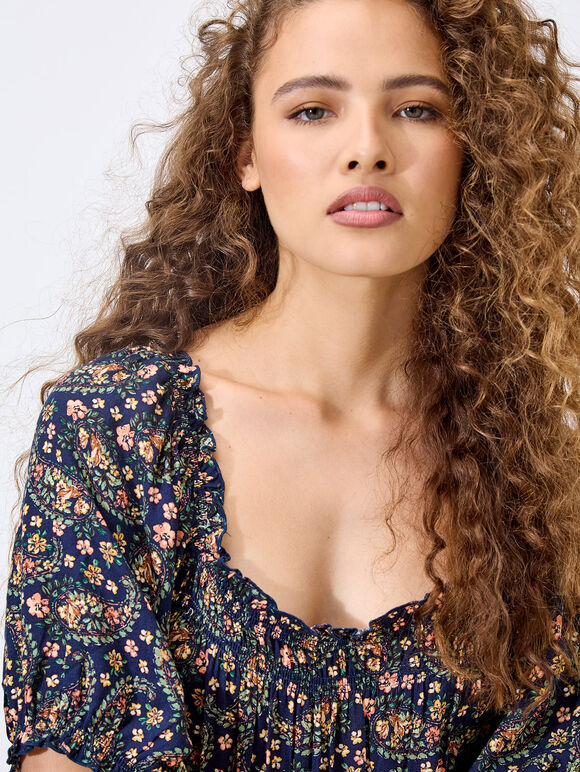 Floral Paisley Milkmaid Maxi Dress, Navy, large