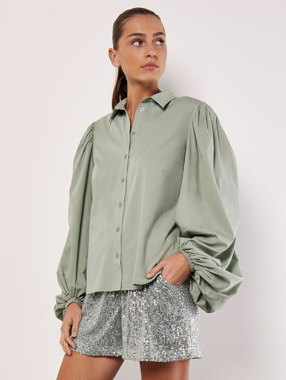 Statement Sleeve Cotton Modal Shirt, Mint, large