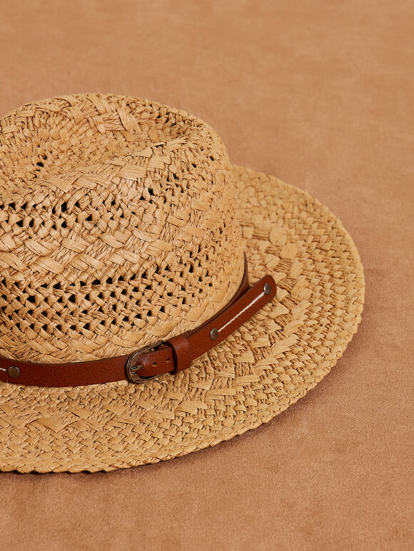 Raffia Straw Fedora Hat, Stone, large