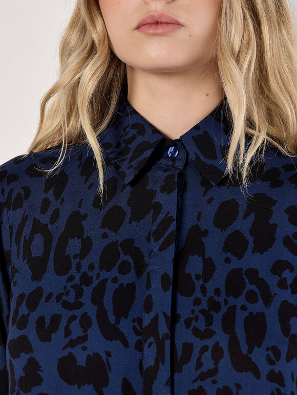 Cheetah Print Oversized Shirt Mini Dress, Navy, large