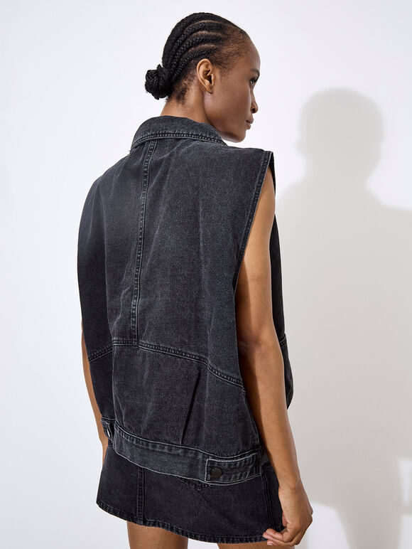 Sleeveless Denim Jacket, Black, large