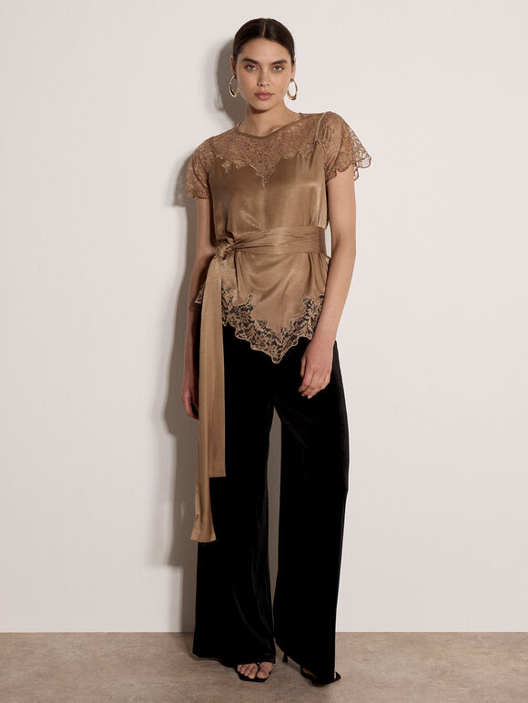 Lace Insert Satin Scarf Top, Gold, large