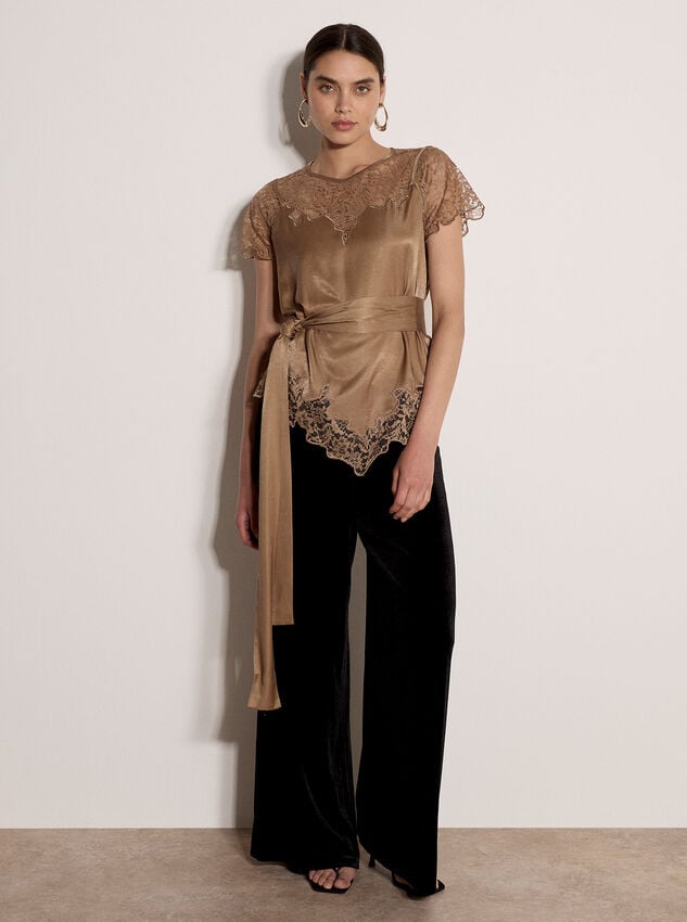 Lace Insert Satin Scarf Top, Gold, large