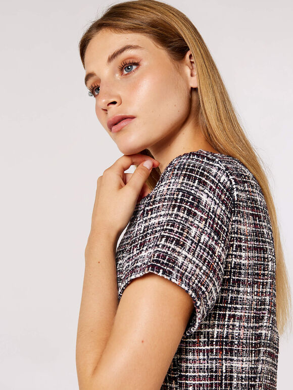 Woven Tweed Shift Dress, Burgundy, large