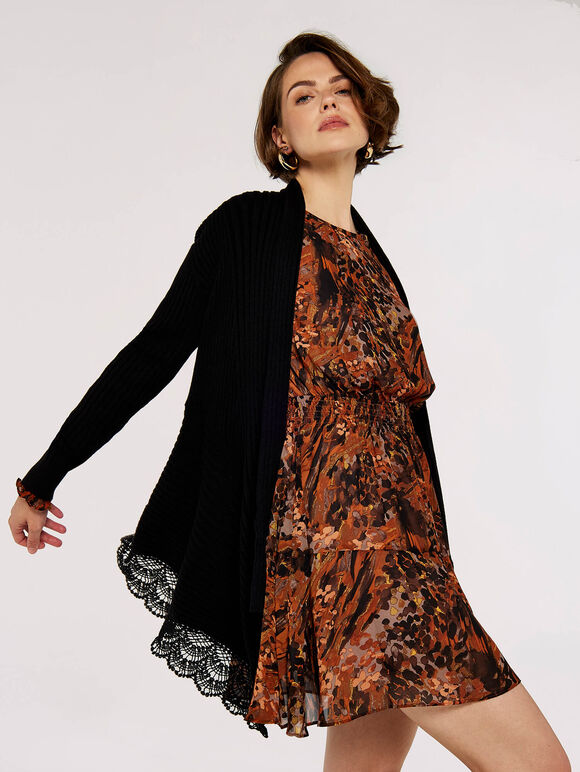 Waterfall Crochet Trim Ribbed Cardigan, Black, large