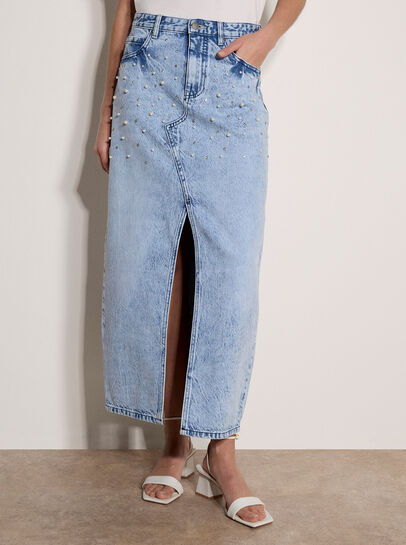 Amara Pearl Embellished Denim Midi Skirt