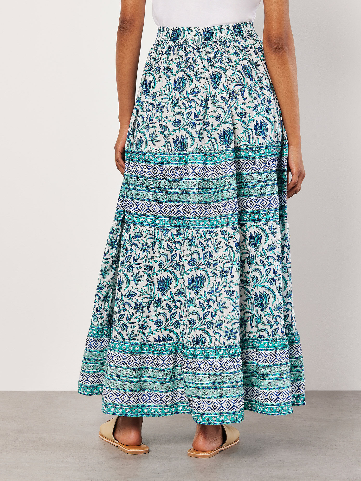 Floral Vine Cotton Tiered Maxi Skirt Apricot Clothing