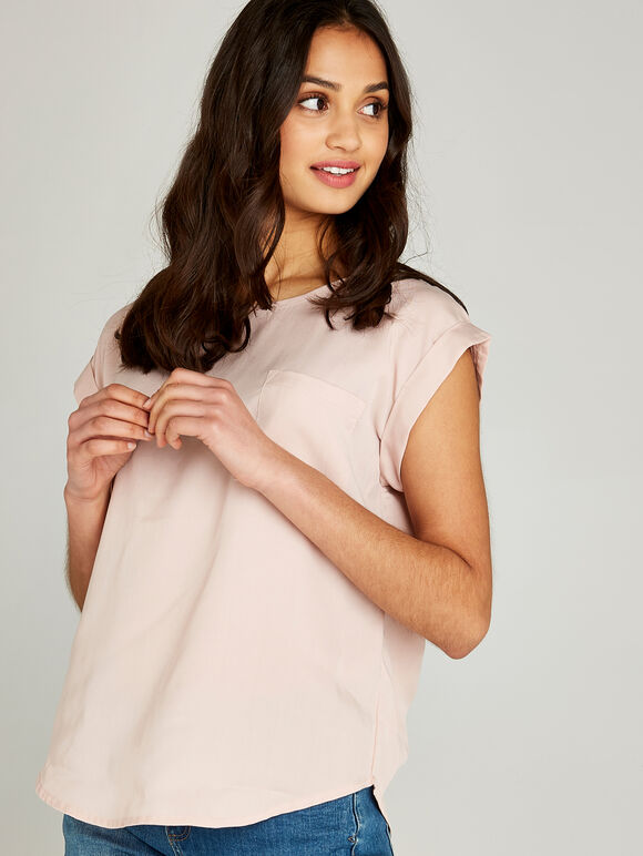 Turn Up Sleeve Tee, Pink, large