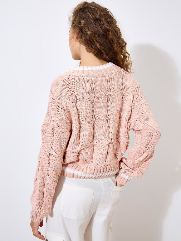 Cropped Cable Cricket Jumper, Pink, large