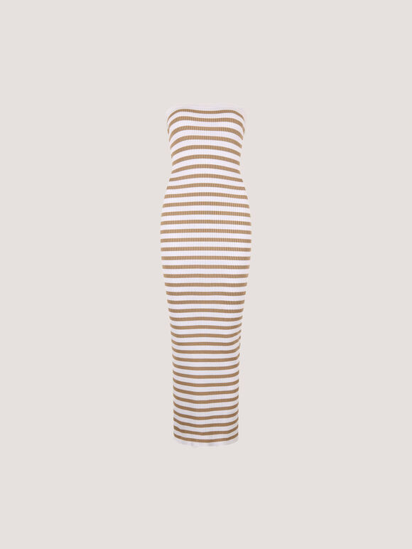 Stripe Ribbed Knitted Bandeau Dress, White, large