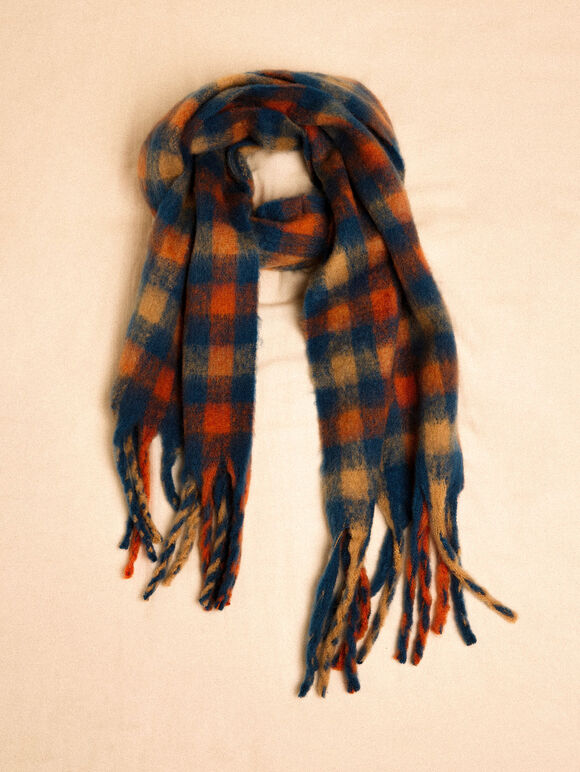 Gingham Check Soft Scarf, Blue, large