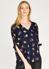 Long Tie Sleeve Floral Print Top, Navy, large