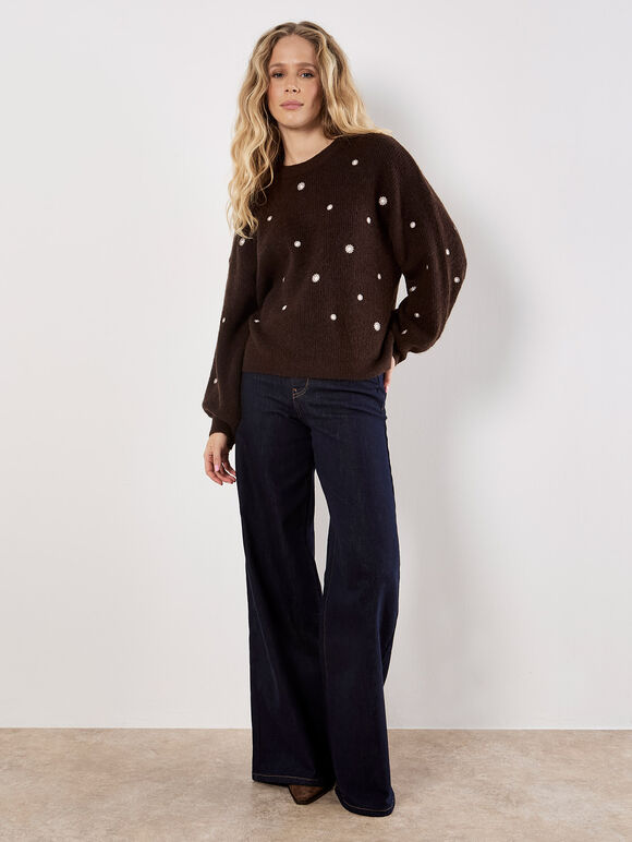 Daisy Embroidered Jumper, Brown, large