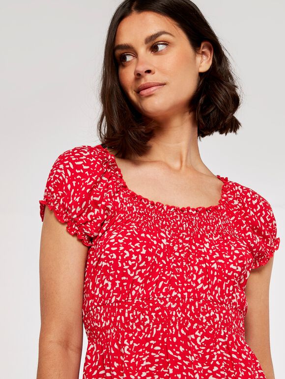 Brush Spot Milkmaid Midi Dress, Red, large