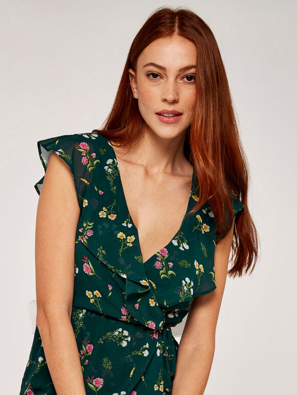 Botanical Wrap Midi Dress, Green, large