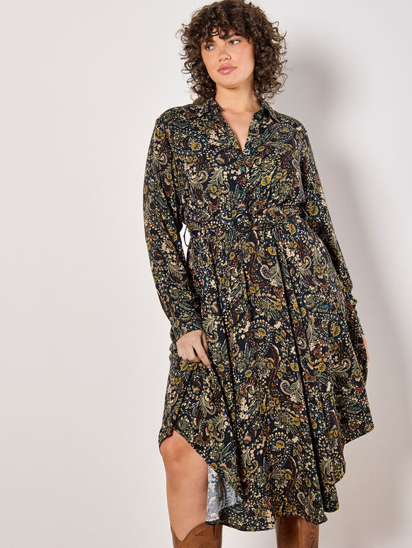 Curve Paisley Floral Shirt Midi Dress, Black, large