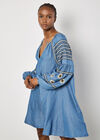 Aztec Embroidered Denim Mini Dress, Blue, large