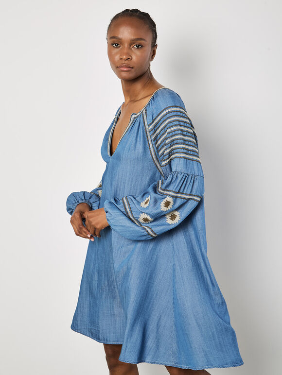 Aztec Embroidered Denim Mini Dress, Blue, large