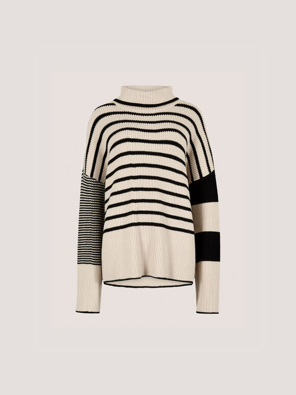 Mixed Stripe Oversized Chunky Jumper, Stone, large