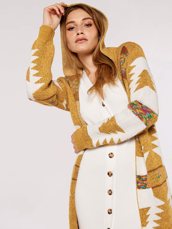 Mustard Aztec Hooded Cardigan, Mustard, large