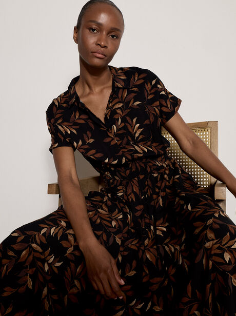Leaf Print Hanky Hem Midi Dress