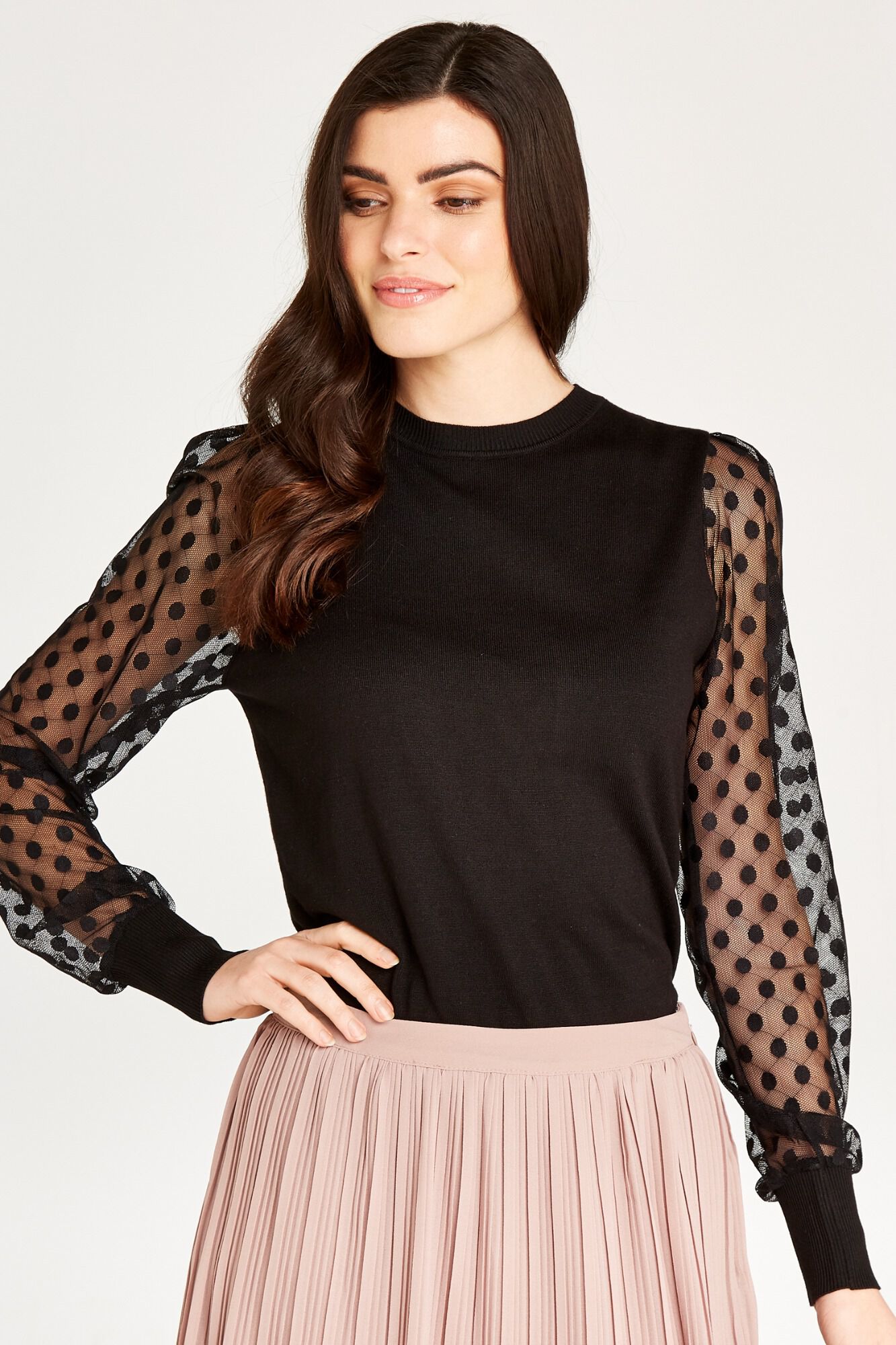 Polka Dot Mesh Sleeve Knit Jumper | Apricot Clothing