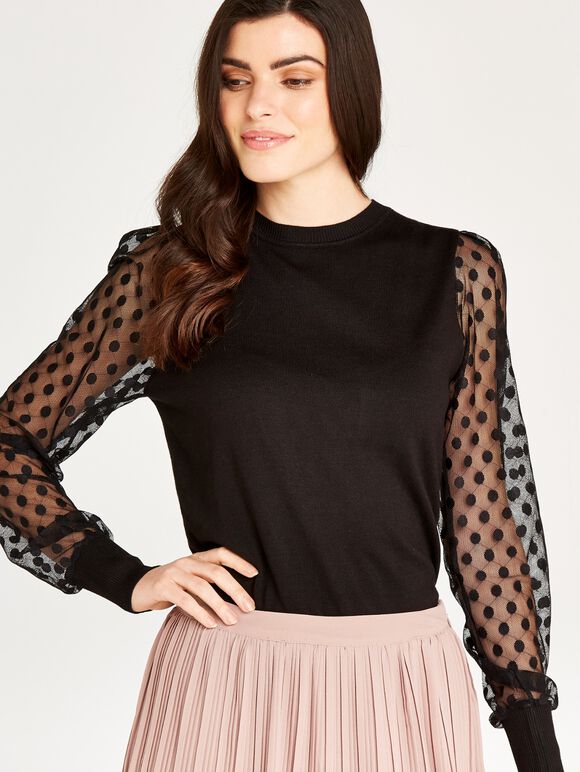 Polka Dot Mesh Sleeve Knit Jumper, Black, large
