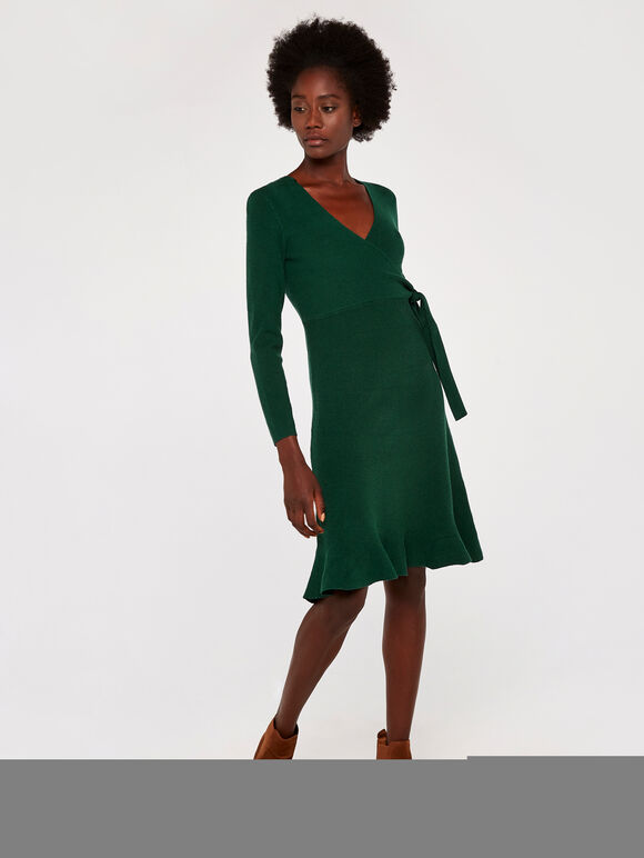 Knit Faux Wrap Ruffle Hem Dress, Green, large