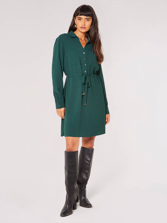 Drawstring Shirt Mini Dress, Green, large